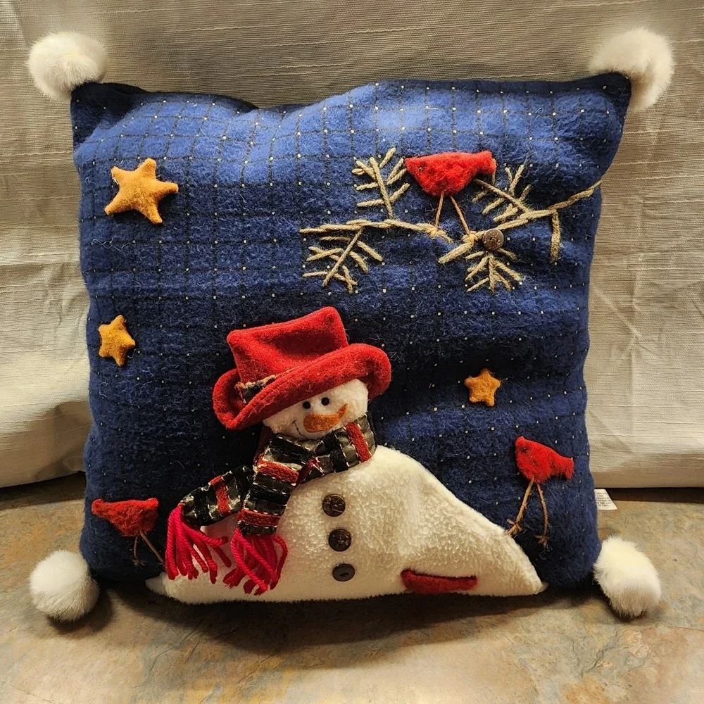 Snowman & Cardinal Throw Pillow Felt Appliqued Christmas 16x16
